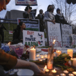 Demonstrators gather during a vigil outside the Israeli Embassy in Washington, D.C. to pay respect to U.S. airman Aaron Bushnell, who died after he set himself ablaze outside of the Israeli Embassy, while declaring that he “will no longer be complicit in genocide.. screaming as the fire consumed him “Free free Palestine”. – AP